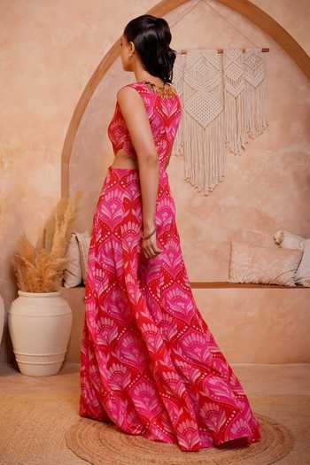 Sajeda A Lehry_Pink Shantoon V-neck Floral Print Jumpsuit _Online_at_Aza_Fashions