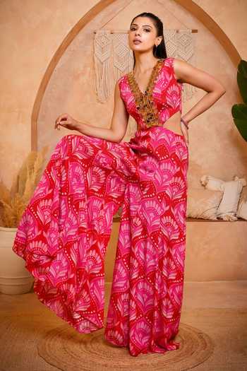 Buy_Sajeda A Lehry_Pink Shantoon V-neck Floral Print Jumpsuit _at_Aza_Fashions