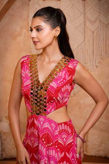 Shop_Sajeda A Lehry_Pink Shantoon V-neck Floral Print Jumpsuit _Online_at_Aza_Fashions