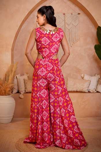 Sajeda A Lehry_Pink Shantoon V-neck Olive Geometric Print Jumpsuit _Online_at_Aza_Fashions