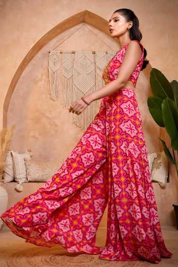 Shop_Sajeda A Lehry_Pink Shantoon V-neck Olive Geometric Print Jumpsuit _Online_at_Aza_Fashions