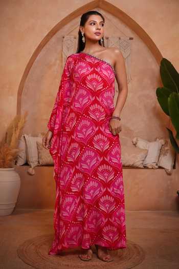 Buy_Sajeda A Lehry_Pink One Shoulder Ishq Red Fan Print Kaftan _at_Aza_Fashions
