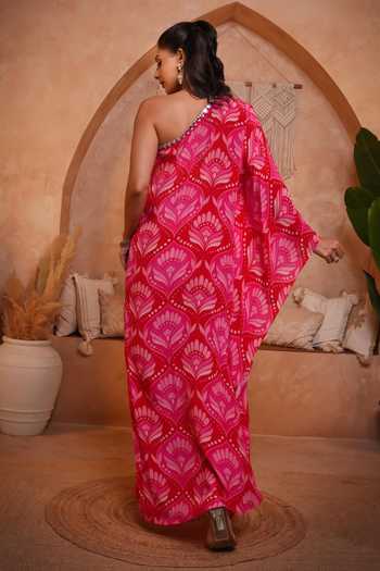 Sajeda A Lehry_Pink One Shoulder Ishq Red Fan Print Kaftan _Online_at_Aza_Fashions