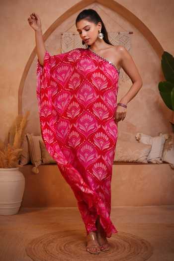 Buy_Sajeda A Lehry_Pink One Shoulder Ishq Red Fan Print Kaftan _Online_at_Aza_Fashions