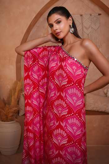 Shop_Sajeda A Lehry_Pink One Shoulder Ishq Red Fan Print Kaftan _Online_at_Aza_Fashions
