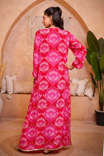 Shop_Sajeda A Lehry_Pink Split V-neck Shaan Red Fan Digital Print Kurta _at_Aza_Fashions
