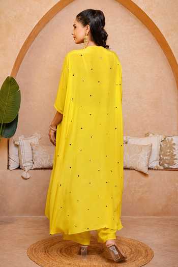 Shop_Sajeda A Lehry_Yellow Round Neck Tarana Hand Embroidered Kaftan Tunic And Pant Set _at_Aza_Fashions