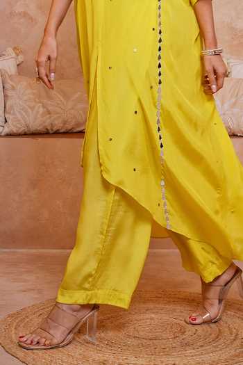 Sajeda A Lehry_Yellow Round Neck Tarana Hand Embroidered Kaftan Tunic And Pant Set _Online_at_Aza_Fashions