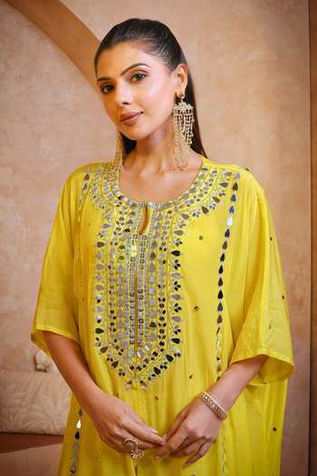 Buy_Sajeda A Lehry_Yellow Round Neck Tarana Hand Embroidered Kaftan Tunic And Pant Set _Online_at_Aza_Fashions