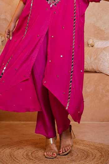 Sajeda A Lehry_Pink Keyhole Neck Tarana Hand Embroidered Kaftan Tunic And Pant Set _Online_at_Aza_Fashions