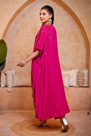 Shop_Sajeda A Lehry_Pink Keyhole Neck Tarana Hand Embroidered Kaftan Tunic And Pant Set _at_Aza_Fashions