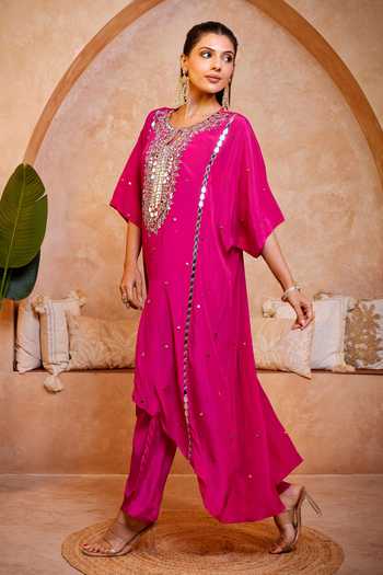 Buy_Sajeda A Lehry_Pink Keyhole Neck Tarana Hand Embroidered Kaftan Tunic And Pant Set _Online_at_Aza_Fashions