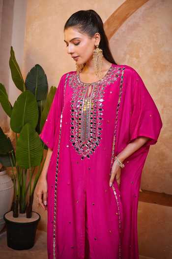 Shop_Sajeda A Lehry_Pink Keyhole Neck Tarana Hand Embroidered Kaftan Tunic And Pant Set _Online_at_Aza_Fashions