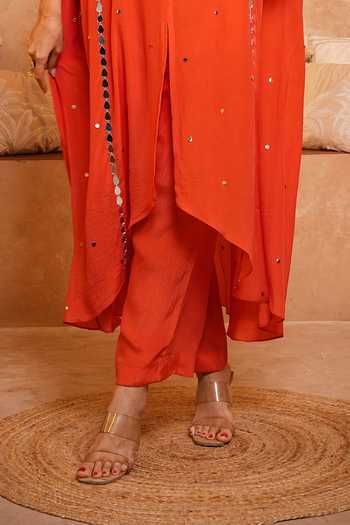 Sajeda A Lehry_Orange Round , Keyhole Tarana Embroidered Kaftan And Pant Set _Online_at_Aza_Fashions