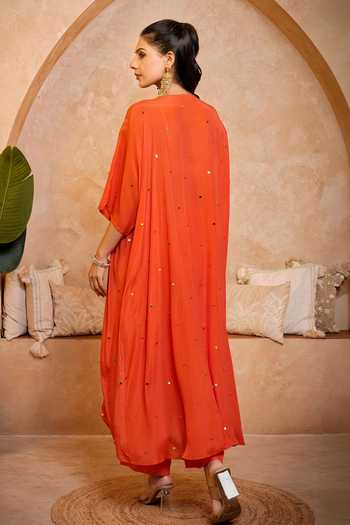 Shop_Sajeda A Lehry_Orange Round , Keyhole Tarana Embroidered Kaftan And Pant Set _at_Aza_Fashions