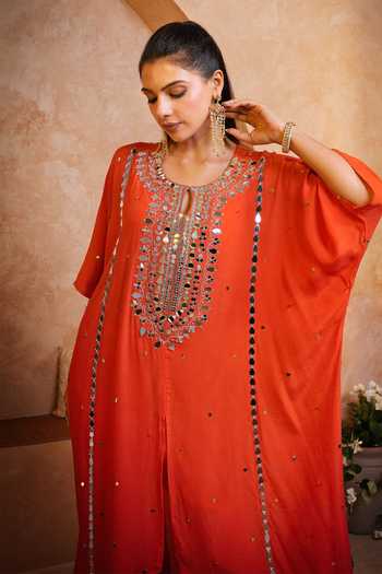 Buy_Sajeda A Lehry_Orange Round , Keyhole Tarana Embroidered Kaftan And Pant Set _Online_at_Aza_Fashions