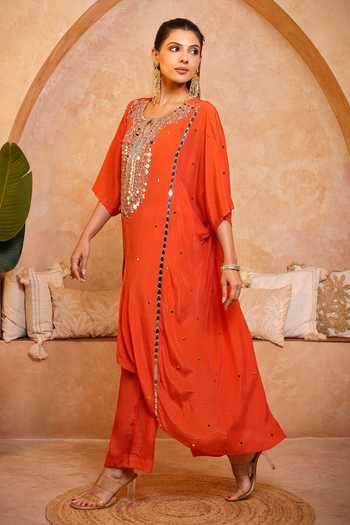 Shop_Sajeda A Lehry_Orange Round , Keyhole Tarana Embroidered Kaftan And Pant Set _Online_at_Aza_Fashions