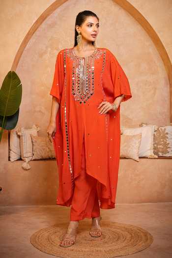 Buy_Sajeda A Lehry_Orange Round , Keyhole Tarana Embroidered Kaftan And Pant Set _at_Aza_Fashions