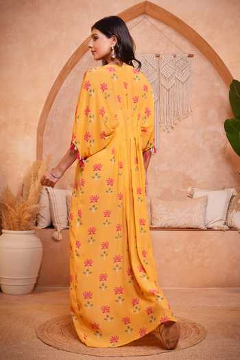 Sajeda A Lehry_Yellow V-neck Saba Floral Print Kaftan _Online_at_Aza_Fashions