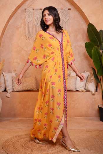 Buy_Sajeda A Lehry_Yellow V-neck Saba Floral Print Kaftan _Online_at_Aza_Fashions