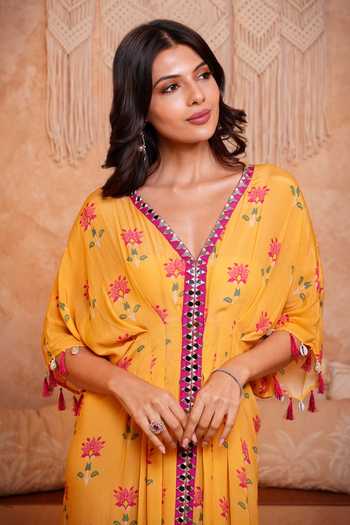 Shop_Sajeda A Lehry_Yellow V-neck Saba Floral Print Kaftan _Online_at_Aza_Fashions