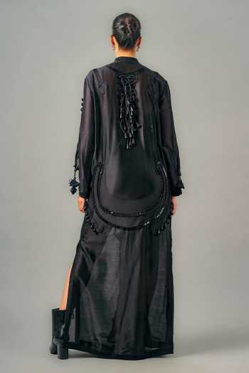 Shop_Saim_Black Silk, Chanderi, Satin, Jersey Mandarin Embroidered Draped Dhoti Dress _at_Aza_Fashions