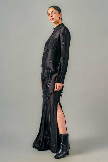 Saim_Black Silk, Chanderi, Satin, Jersey Mandarin Embroidered Draped Dhoti Dress _Online_at_Aza_Fashions