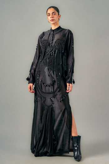Buy_Saim_Black Silk, Chanderi, Satin, Jersey Mandarin Embroidered Draped Dhoti Dress _at_Aza_Fashions