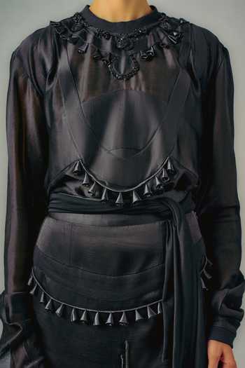 Saim_Black Silk, Chanderi, Satin, Jersey Crew Neck Tube Patchwork Top And Skirt Set _Online_at_Aza_Fashions