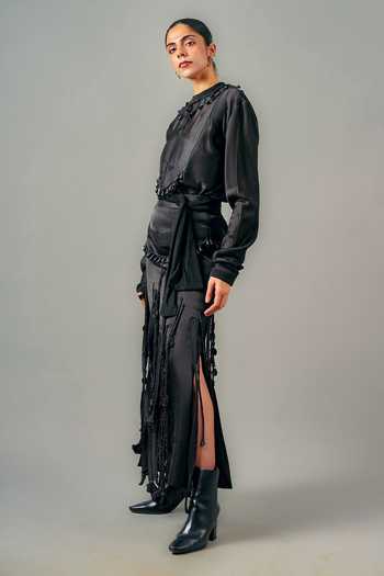Shop_Saim_Black Silk, Chanderi, Satin, Jersey Crew Neck Tube Patchwork Top And Skirt Set _Online_at_Aza_Fashions