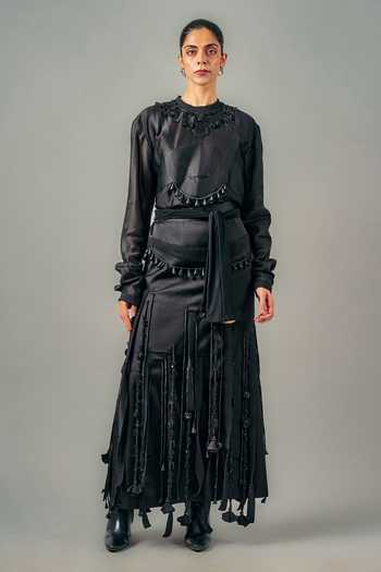 Buy_Saim_Black Silk, Chanderi, Satin, Jersey Crew Neck Tube Patchwork Top And Skirt Set _at_Aza_Fashions
