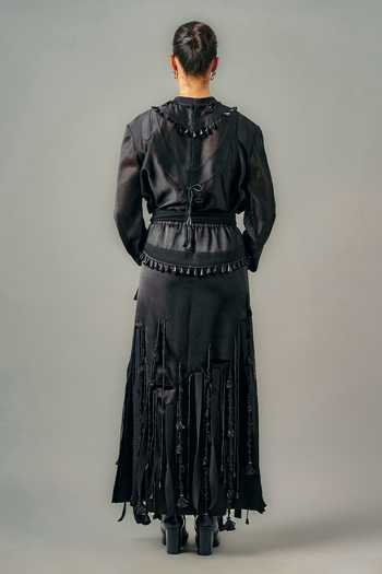 Shop_Saim_Black Silk, Chanderi, Satin, Jersey Crew Neck Tube Patchwork Top And Skirt Set _at_Aza_Fashions