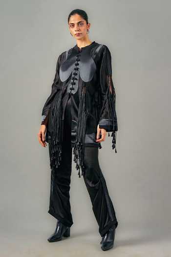 Buy_Saim_Black Silk, Chanderi, Satin Mandarin Collar Tassel Jacket And Trouser Set _at_Aza_Fashions