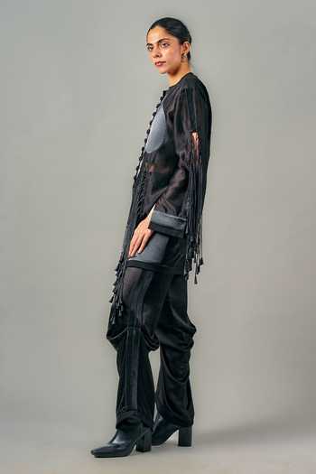 Saim_Black Silk, Chanderi, Satin Mandarin Collar Tassel Jacket And Trouser Set _Online_at_Aza_Fashions