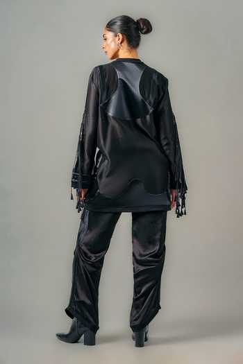 Shop_Saim_Black Silk, Chanderi, Satin Mandarin Collar Tassel Jacket And Trouser Set _at_Aza_Fashions