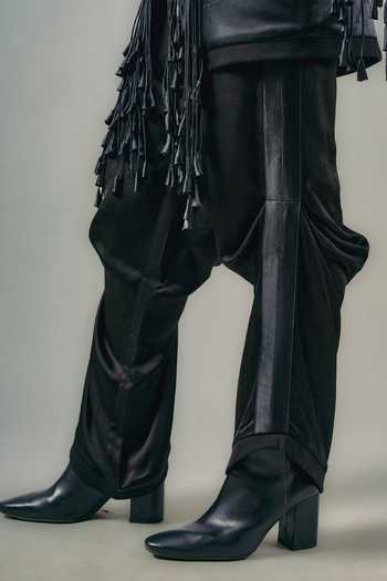 Buy_Saim_Black Silk, Chanderi, Satin Mandarin Collar Tassel Jacket And Trouser Set _Online_at_Aza_Fashions