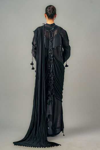 Shop_Saim_Black Chanderi, Satin, Jersey High Neck Saree Draped Dress _at_Aza_Fashions