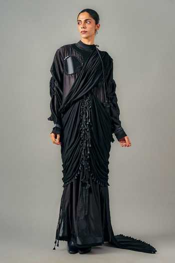 Buy_Saim_Black Chanderi, Satin, Jersey High Neck Saree Draped Dress _at_Aza_Fashions