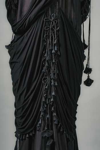 Buy_Saim_Black Chanderi, Satin, Jersey High Neck Saree Draped Dress _Online_at_Aza_Fashions