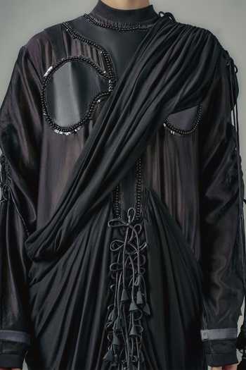 Shop_Saim_Black Chanderi, Satin, Jersey High Neck Saree Draped Dress _Online_at_Aza_Fashions