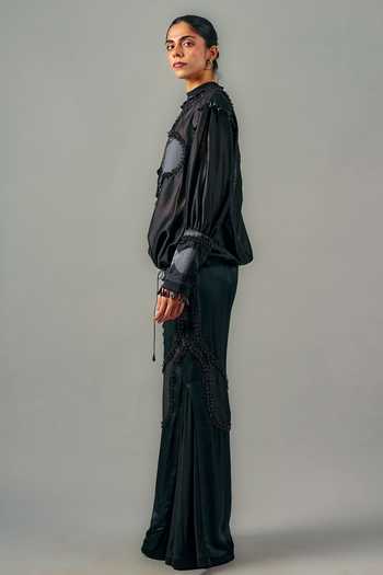 Saim_Black Chanderi, Satin, Jersey, Silk High Neck Hand Embroidered Top And Pant Set _Online_at_Aza_Fashions
