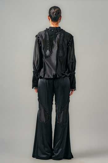 Shop_Saim_Black Chanderi, Satin, Jersey, Silk High Neck Hand Embroidered Top And Pant Set _at_Aza_Fashions