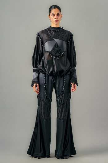 Buy_Saim_Black Chanderi, Satin, Jersey, Silk High Neck Hand Embroidered Top And Pant Set _at_Aza_Fashions