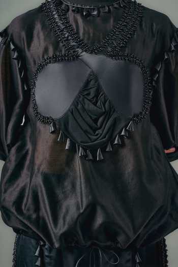 Shop_Saim_Black Chanderi, Satin, Jersey, Silk High Neck Hand Embroidered Top And Pant Set _Online_at_Aza_Fashions