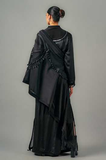 Shop_Saim_Black Silk, Chanderi, Satin, Jersey Mandarin Collar Patchwork Top Skirt Set _at_Aza_Fashions