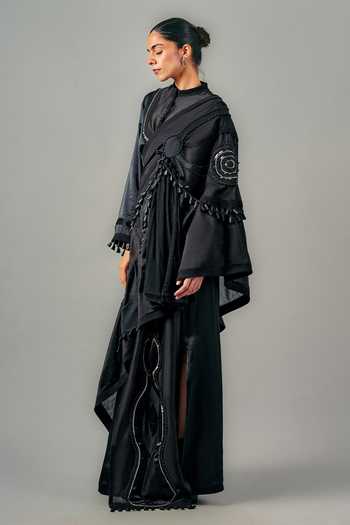 Saim_Black Silk, Chanderi, Satin, Jersey Mandarin Collar Patchwork Top Skirt Set _Online_at_Aza_Fashions