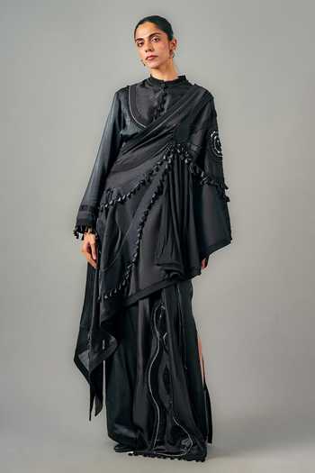 Buy_Saim_Black Silk, Chanderi, Satin, Jersey Mandarin Collar Patchwork Top Skirt Set _at_Aza_Fashions