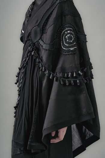 Buy_Saim_Black Silk, Chanderi, Satin, Jersey Mandarin Collar Patchwork Top Skirt Set _Online_at_Aza_Fashions