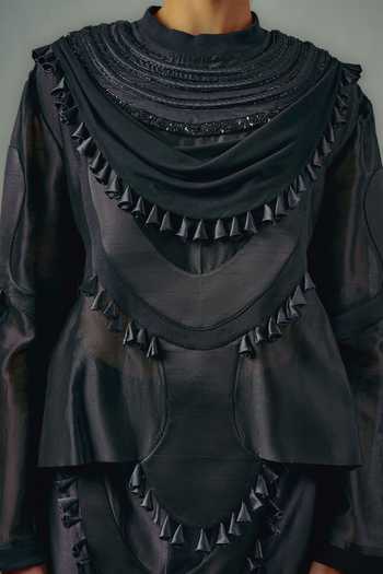 Saim_Black Silk, Chanderi, Satin, Jersey Quilted Neckline Draped Top And Skirt Set _Online_at_Aza_Fashions