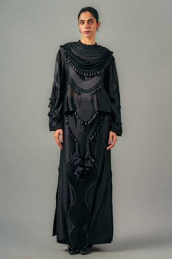 Buy_Saim_Black Silk, Chanderi, Satin, Jersey Quilted Neckline Draped Top And Skirt Set _at_Aza_Fashions